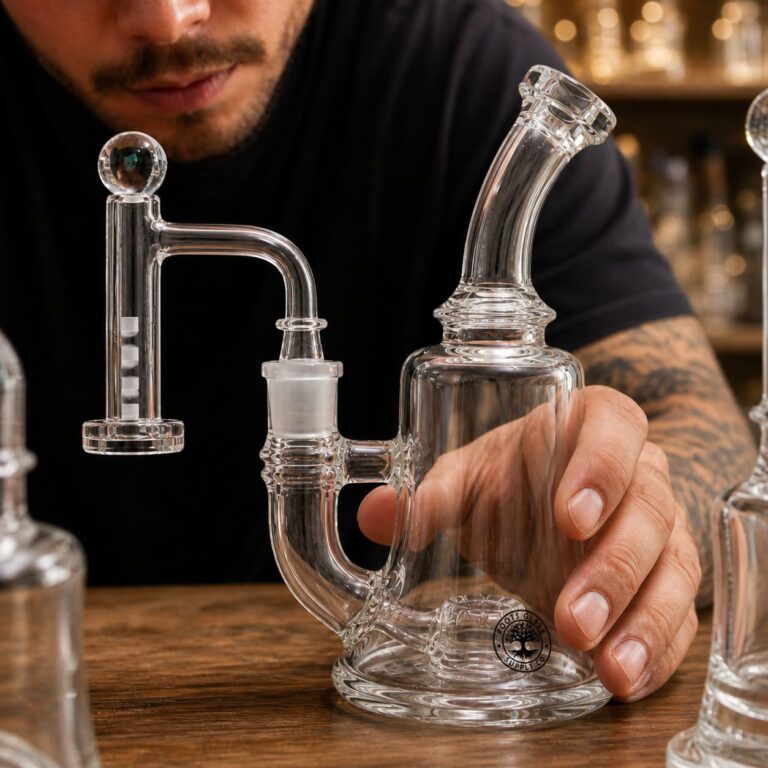 Person holding a glass water pipe.