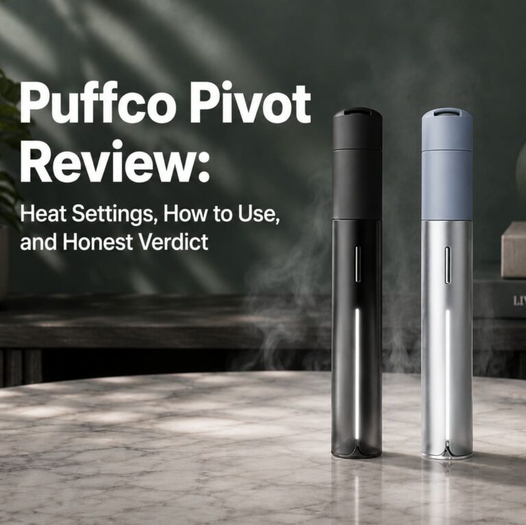 Puffco Pivot Review graphic showing black and silver Puffco Pivot devices on a marble tabletop with text about heat settings, how to use it, and an honest verdict.
