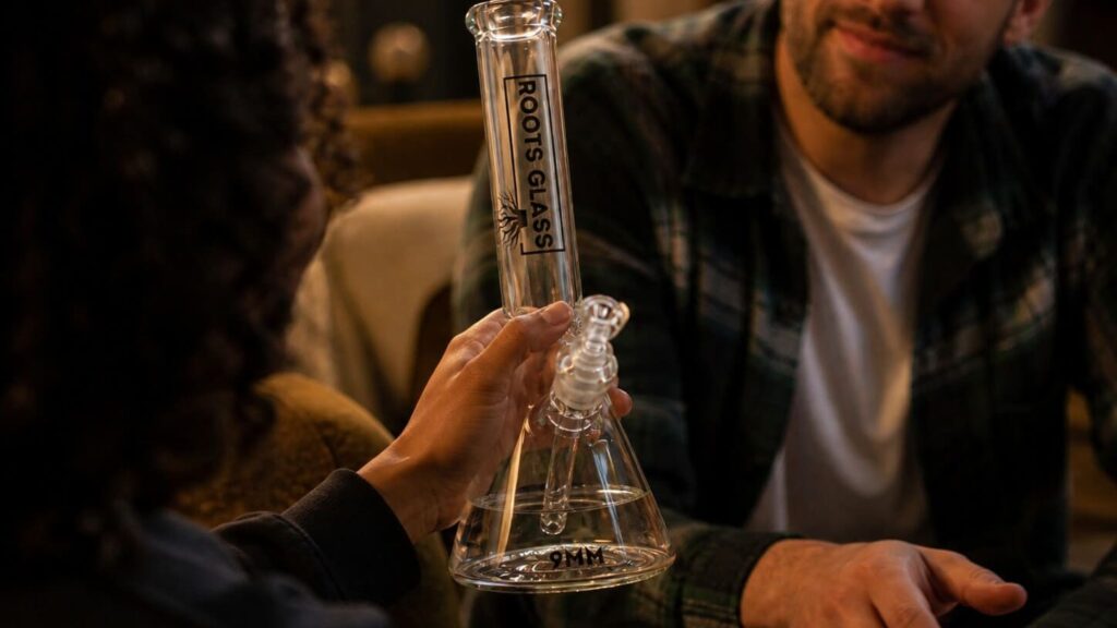 Smoking a glass beaker bong at a bar table