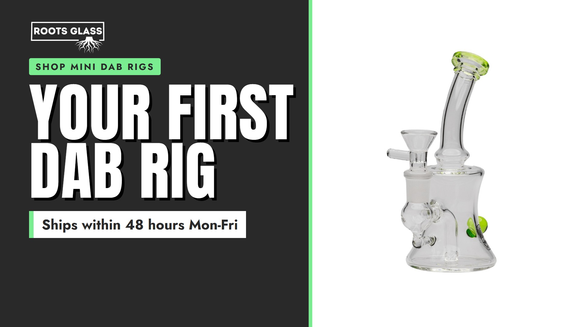 Your First Dab Rig. A 6 inch Mini Bell Rig with green accents on a white background. Shop mini dab rigs.