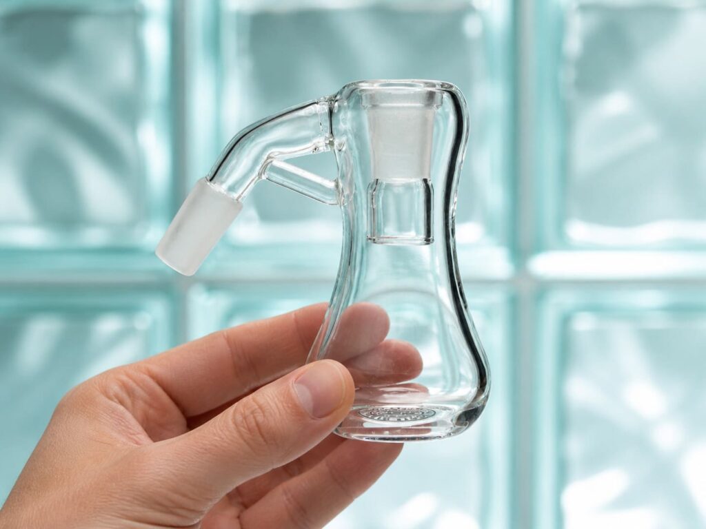 Close-up of a hand holding a clear dry ash catcher