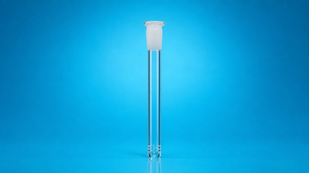 Clear 14mm glass downstem standing upright on a bright blue studio backdrop