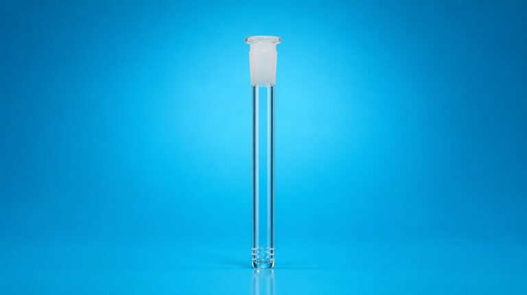 Clear 14mm glass downstem standing upright on a bright blue studio backdrop