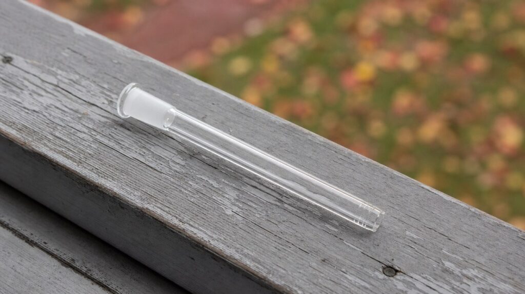 A single clear glass diffuser stem resting at an angle on a weathered grey porch rail in soft autumn daylight