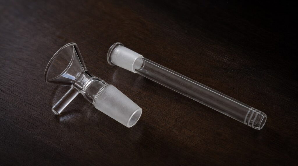 A clear glass diffuser stem laid beside a matching 14mm glass bowl on a dark walnut surface, showing how the parts fit together