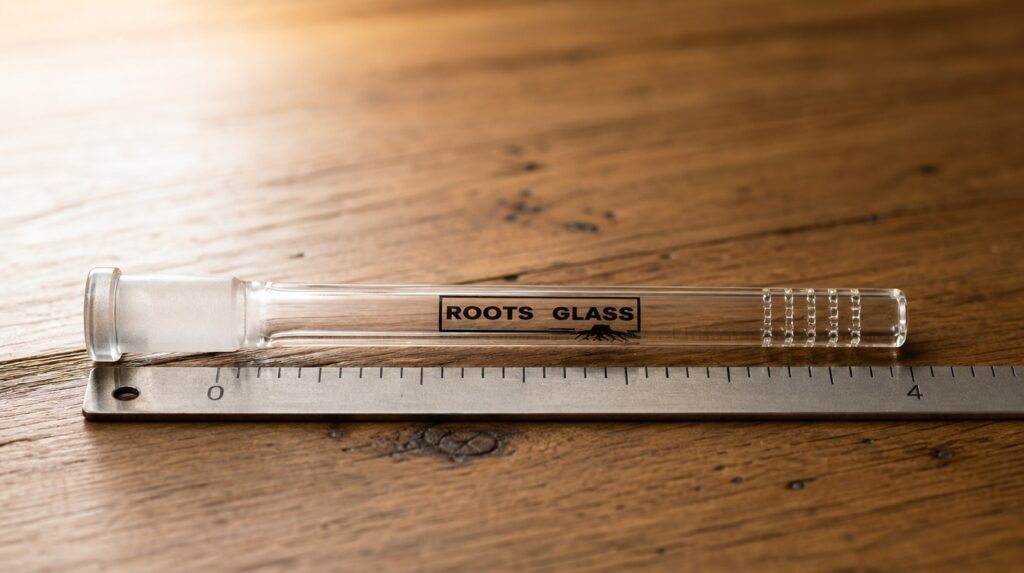 A clear glass diffuser downstem laid along a ruler