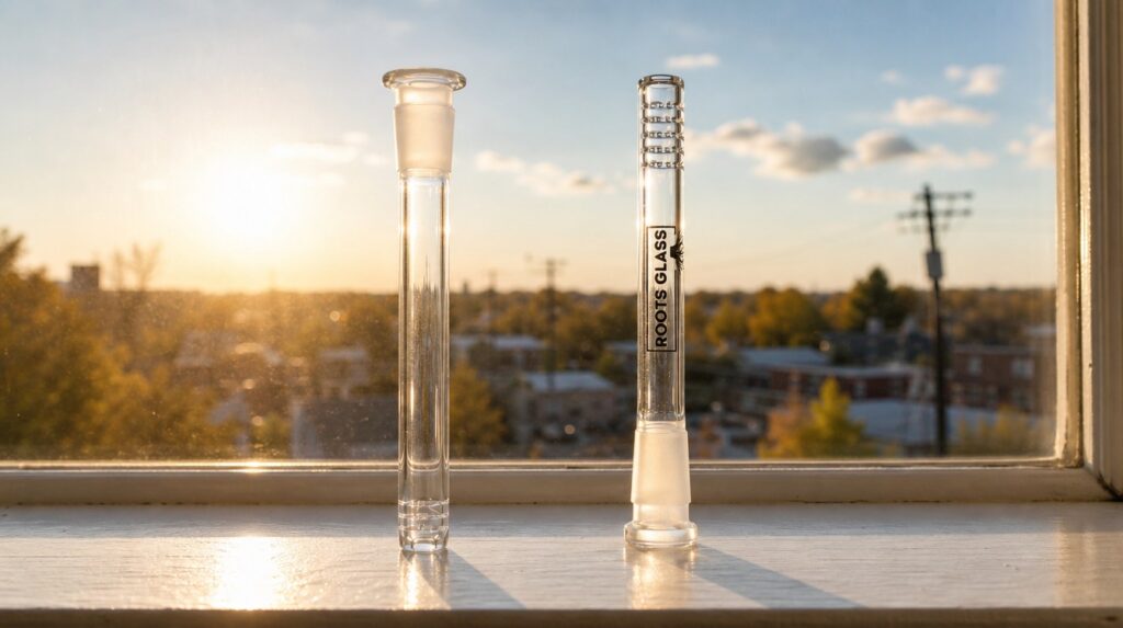 Two clear glass diffuser stems side by side on a sunlit windowsill, one slitted and one gridded, backlit so the slits glow