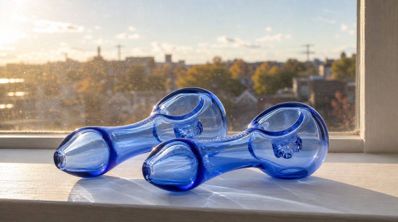 Two blue spoon pipes backlit on a windowsill showing the glass wall thickness and the built-in glass screen nubs inside each bowl