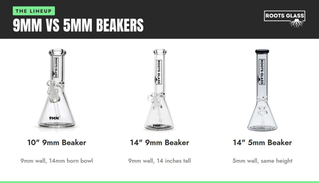 Roots Glass 9mm vs 5mm beakers: the 10-inch 9mm Beaker, 14-inch 9mm Beaker and 14-inch 5mm Beaker on white