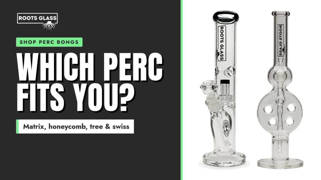 Which perc fits you? The Roots Glass 14-inch 5mm Matrix Perc Straight Shot and 12-inch Swiss Perc Tube side by side. Shop percolator bongs.