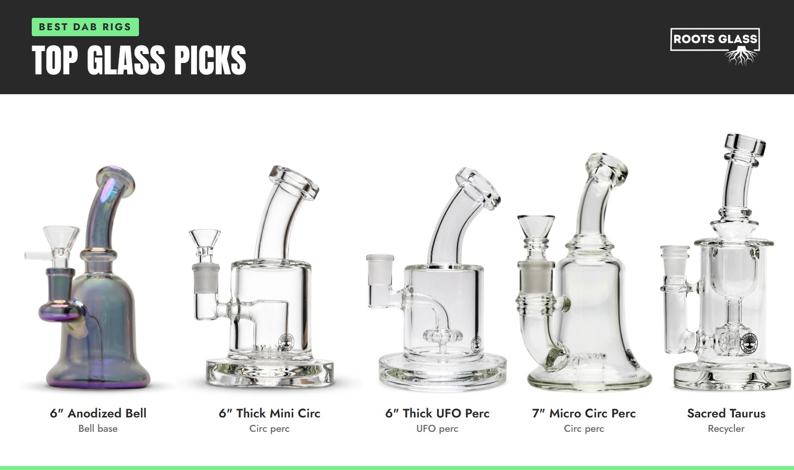 Roots Glass dab rig picks: 6-inch Anodized Bell, 6-inch Thick Mini Circ Perc, 6-inch Thick UFO Perc, 7-inch Micro Circ Perc and Sacred Taurus recycler