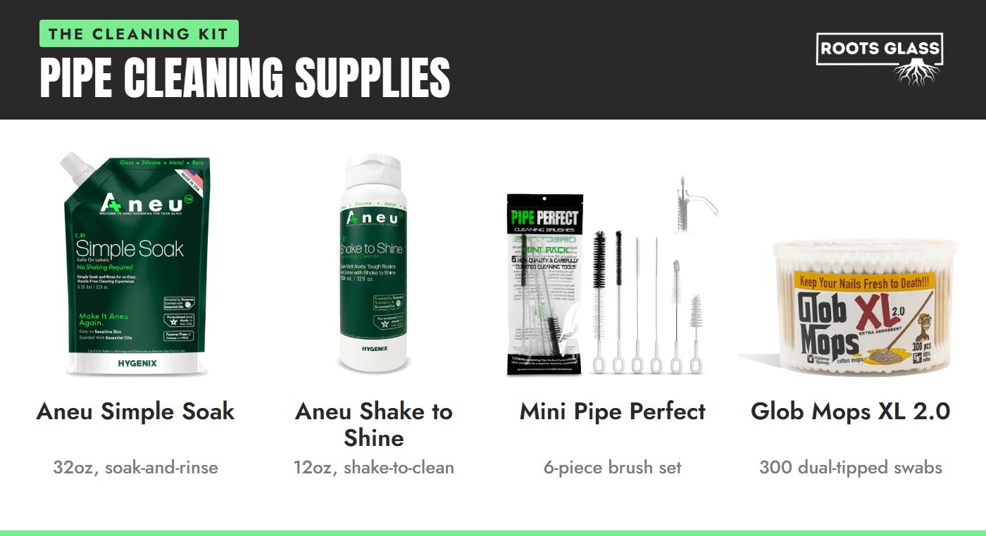 Pipe cleaning supplies we stock: Aneu Simple Soak, Aneu Shake to Shine, Mini Pipe Perfect brush set and Glob Mops XL 2.0 swabs