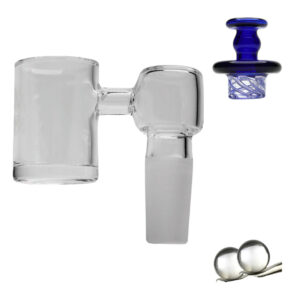 Roots Glass Out Reach Flat Top Banger Kit: Out Reach flat top banger with a Top Hat directional spinner cap and two quartz terp pearls