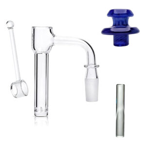 Roots Glass Full Weld Terp Feeder Slurper Kit: terp feeder slurper and its dish tool with a full color slurper top cap and a quartz pillar